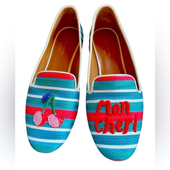 kate spade Shoes - kate spade loafers flats women’s 9B ‘mon cheri’ raffia cherries striped .